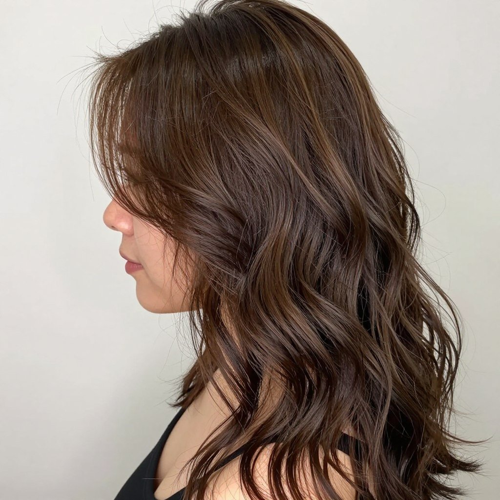side view of beach waves on long thin hair showing texture