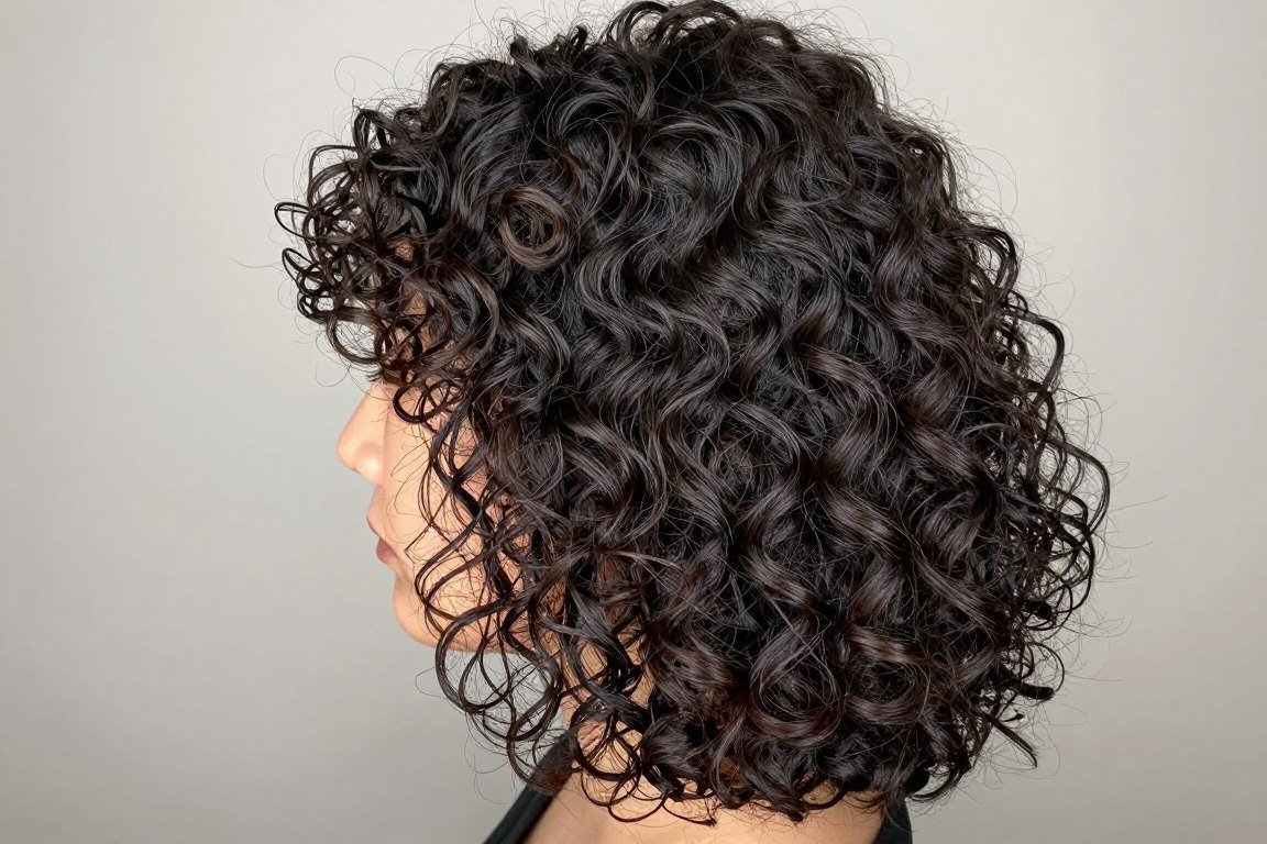 side view of curly lob showing curl definition and volume