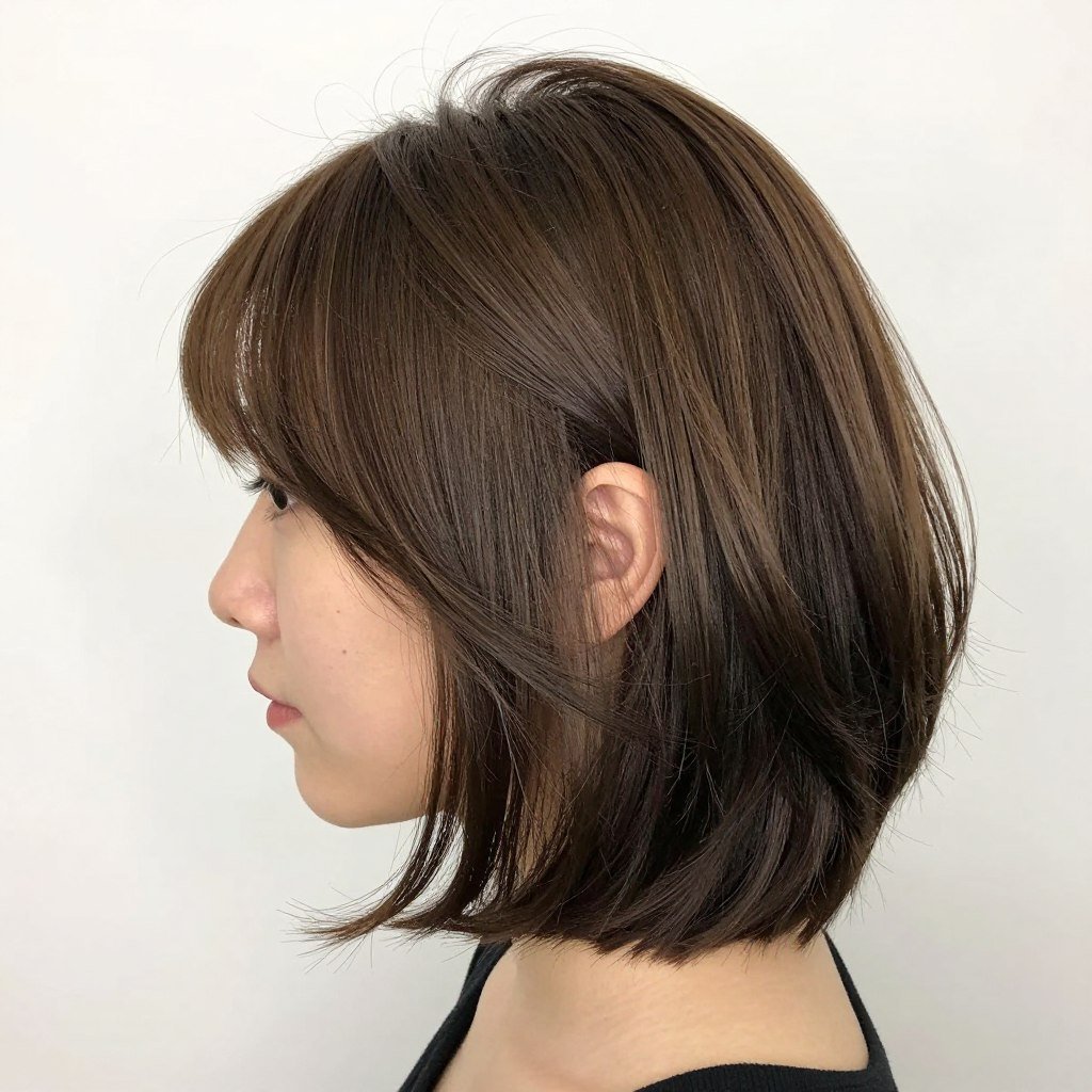 side view of layered bob showing dimension and texture for fine hair