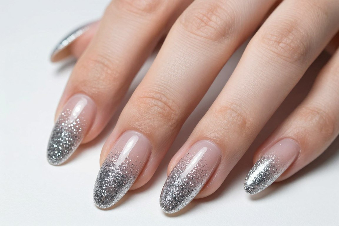 silver glitter ombre nail design