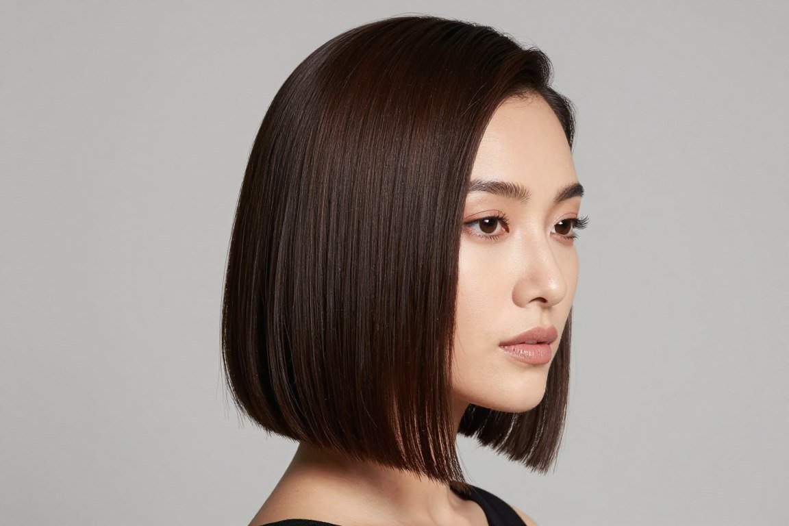 sleek lob with precise side part creating polished sophisticated look