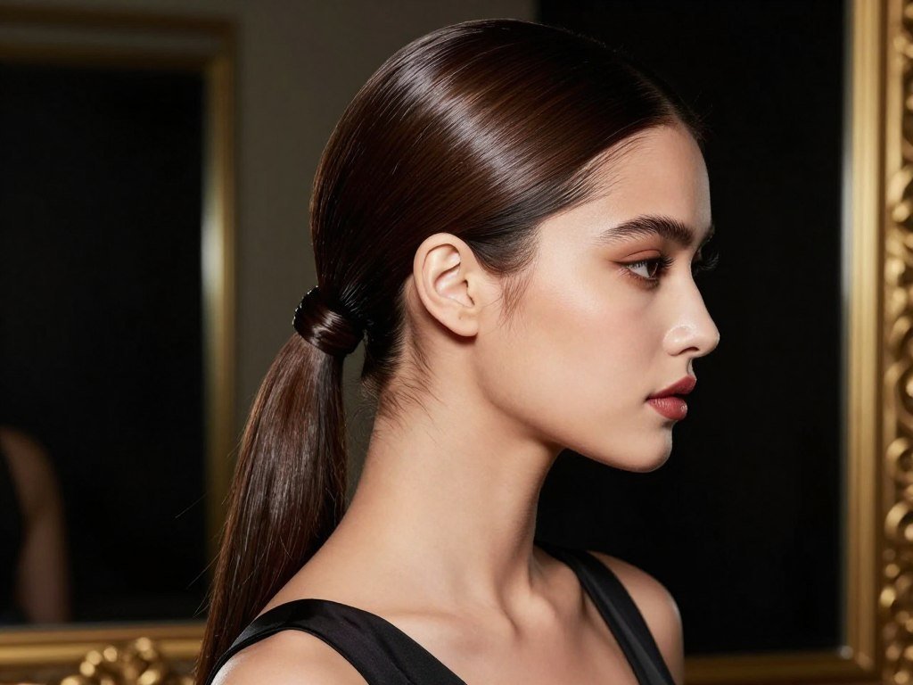 sleek low ponytail with side part formal hairstyle for thin hair