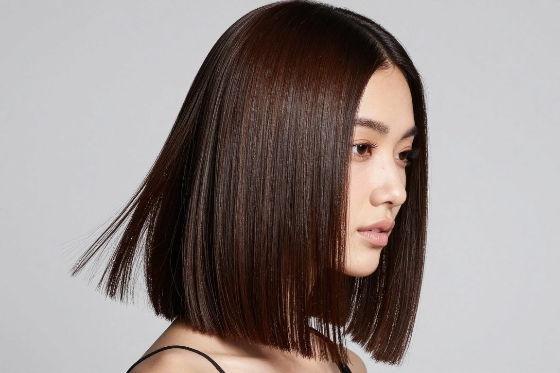 sleek straight lob with glossy finish on fine hair