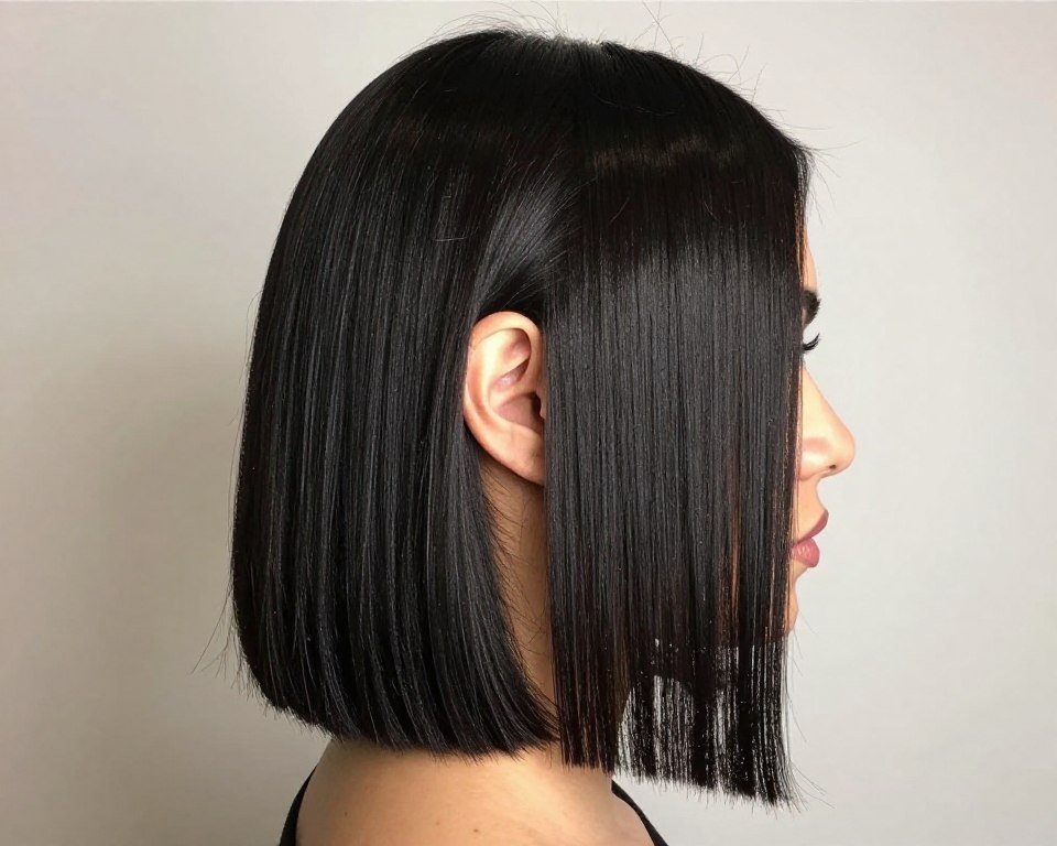 sleek straight styling on blunt lob for thin hair