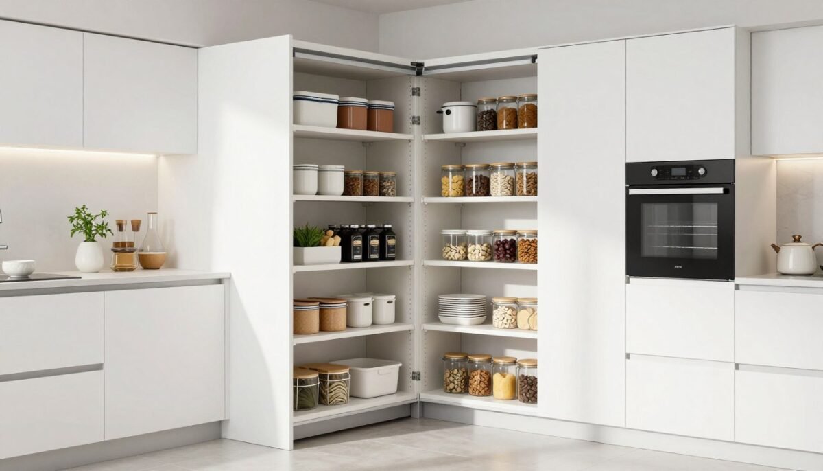 sliding corner pantry unit extended from cabinet showing storage