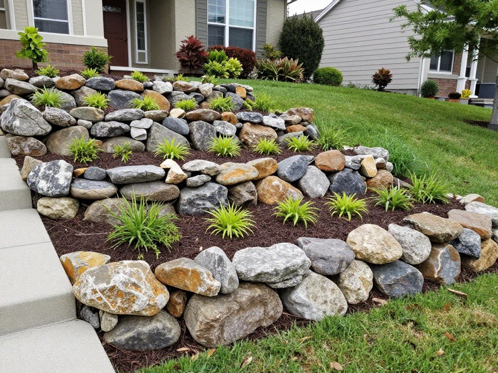 sloped front yard stabilized with river rocks preventing erosion and water runoff