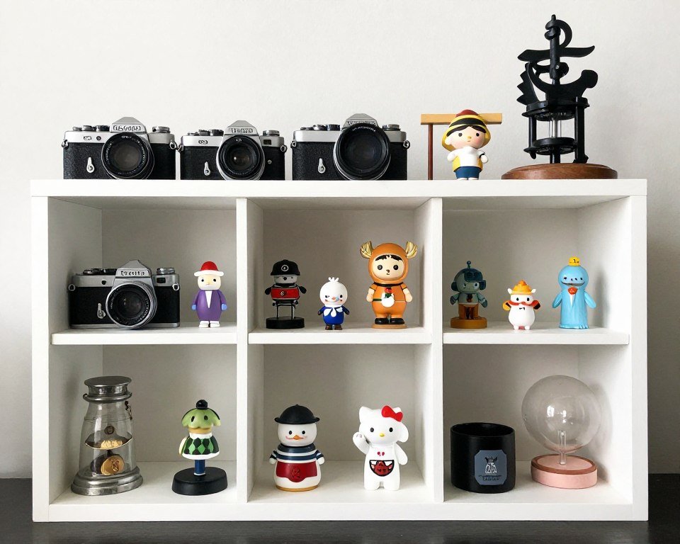 small collectibles displayed on cubicle shelf