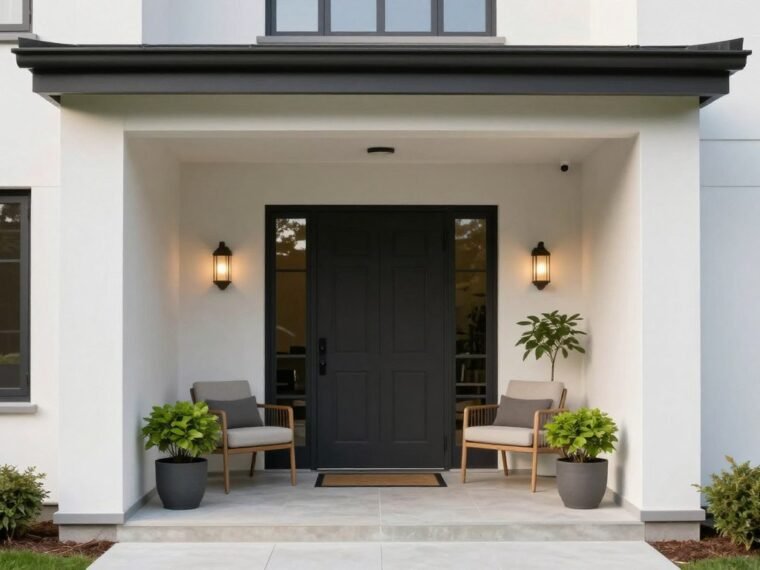 small front porch with modern minimalist design featuring sleek furniture and potted plants