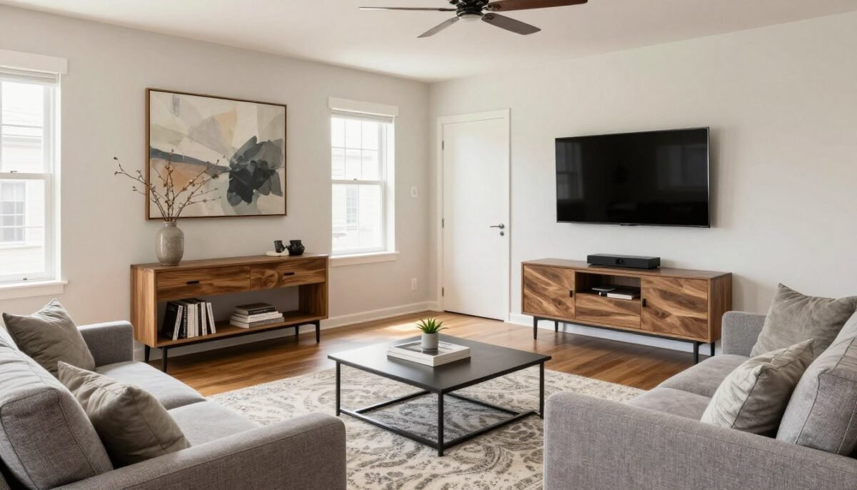 small living room with defined zones using area rug