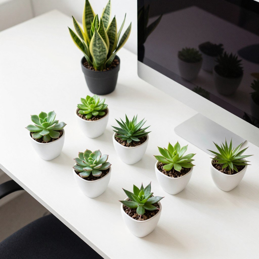 small potted plants on office cubicle desk