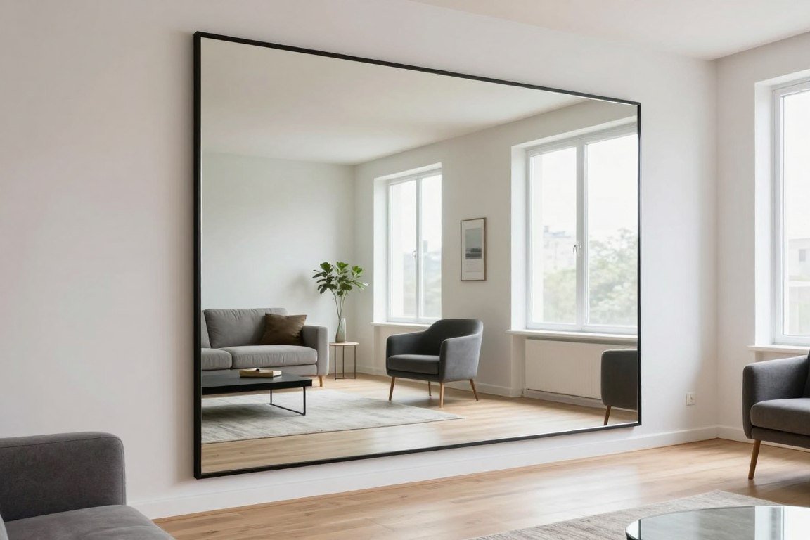 small sitting room with large mirror reflecting natural light