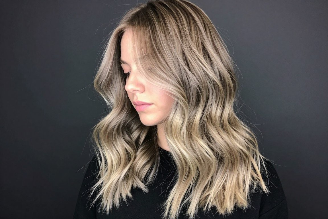 smoky ash blonde balayage with face framing highlights