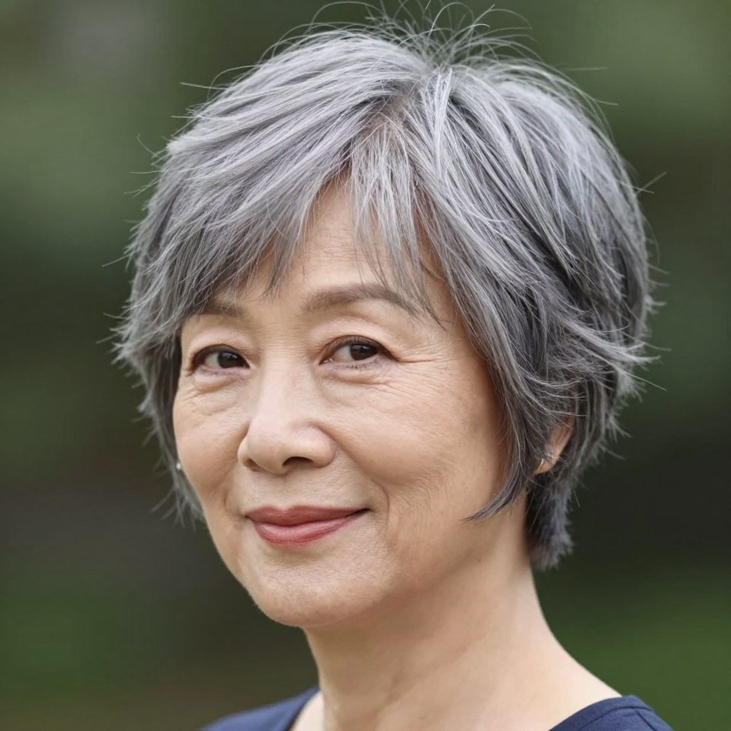 soft gray pixie shag with wispy bangs