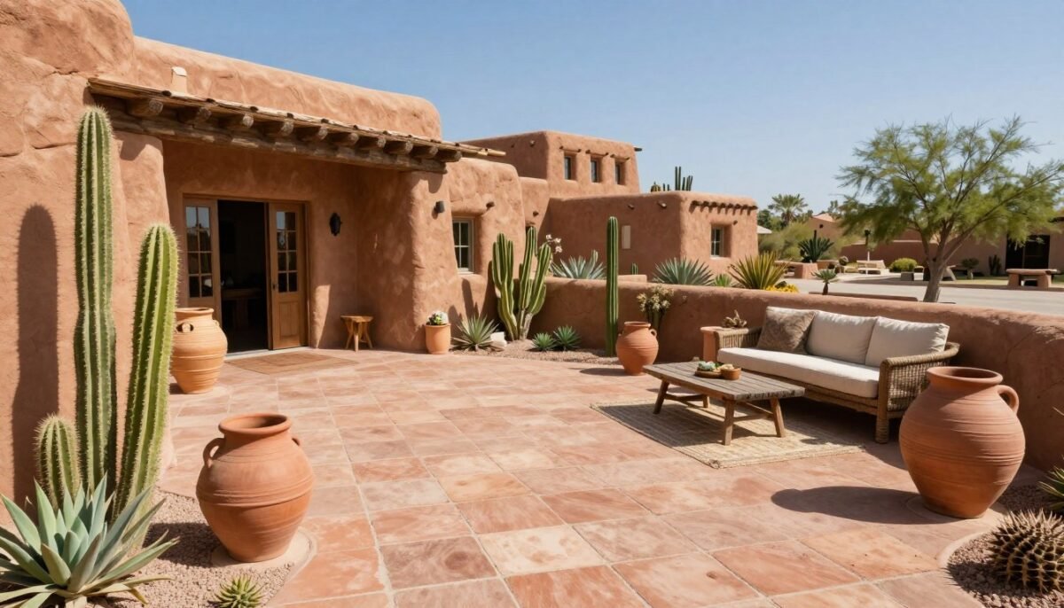 southwestern adobe paver patio with terracotta tones and desert landscaping southwestern adobe paver patio with terracotta tones and desert landscaping