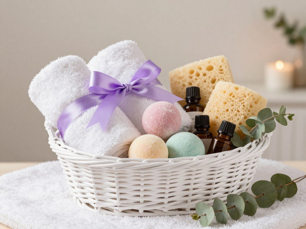 spa gift basket with towels and bath products
