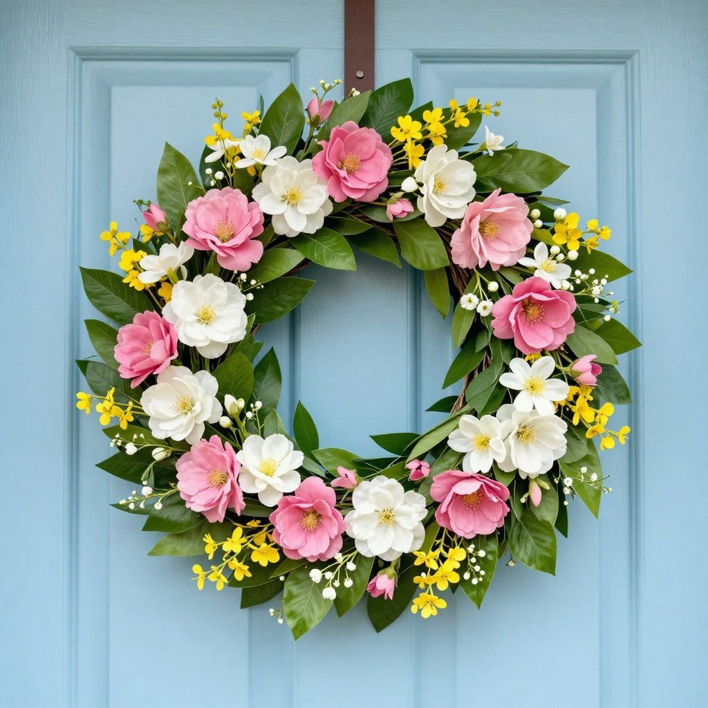 spring flower wreath with fresh blooms for door