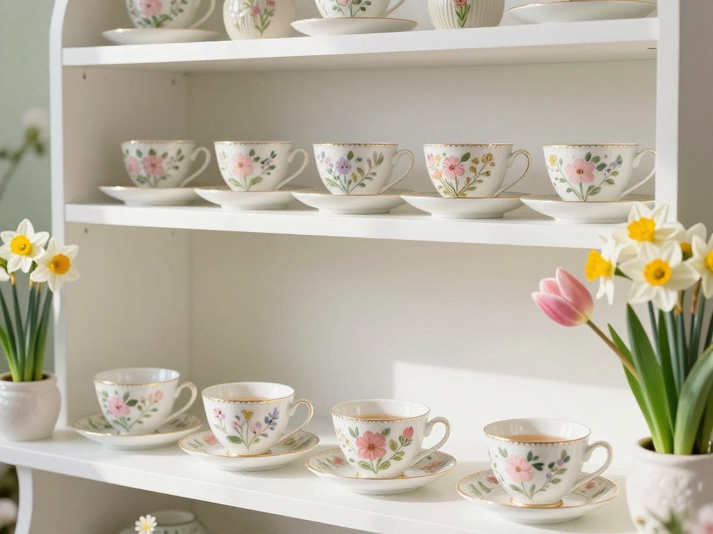 spring tea cup display with fresh flowers and pastel colors