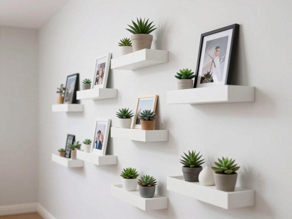staggered floating shelves in narrow hallway with decorative displays