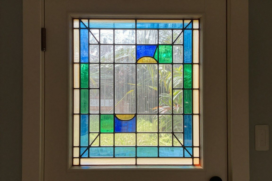 stained glass panel in bedroom door with colorful design