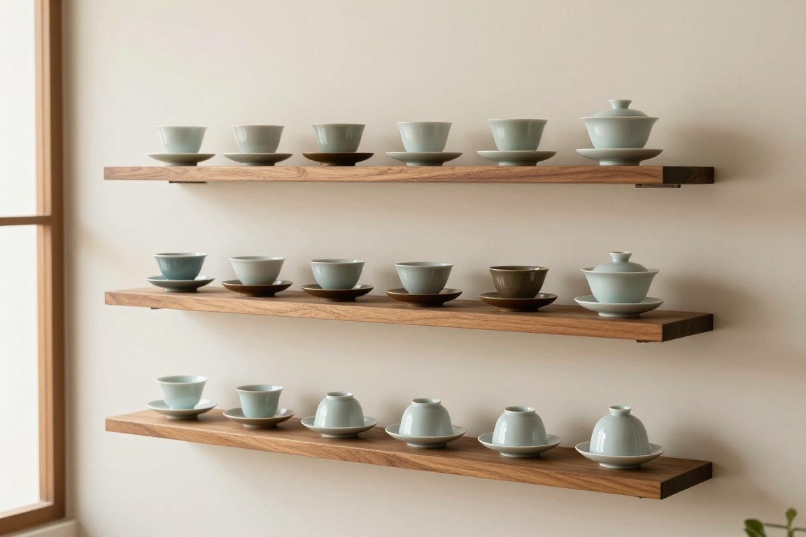 stepped arrangement of tea cups on floating shelves creating visual rhythm