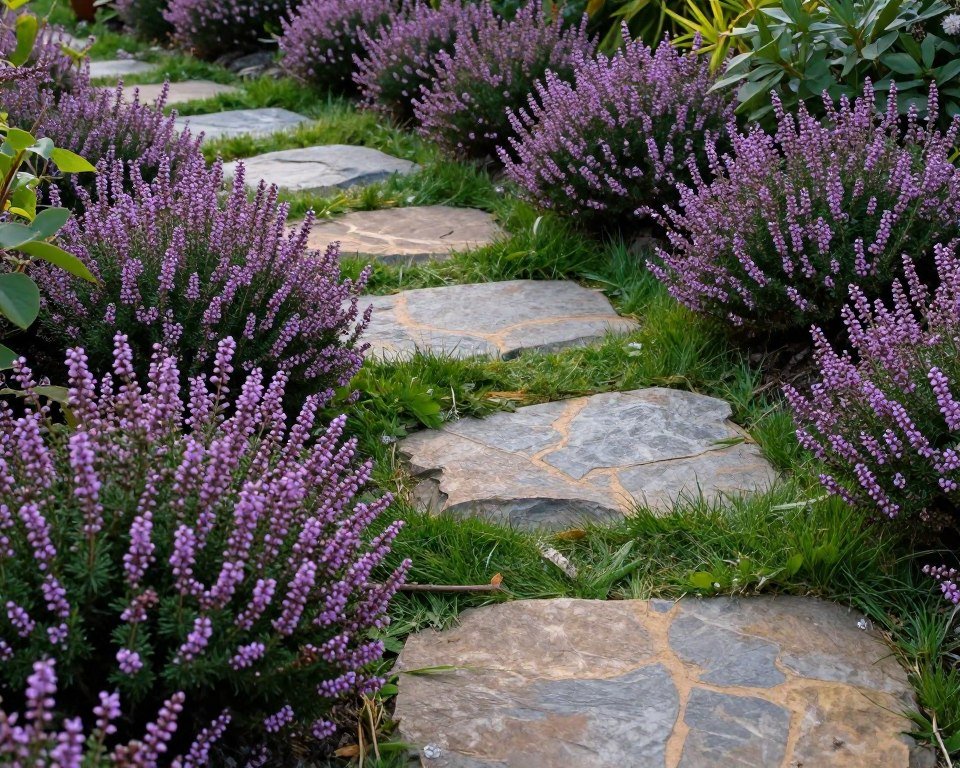 stepping stone patio path with creeping thyme ground cover