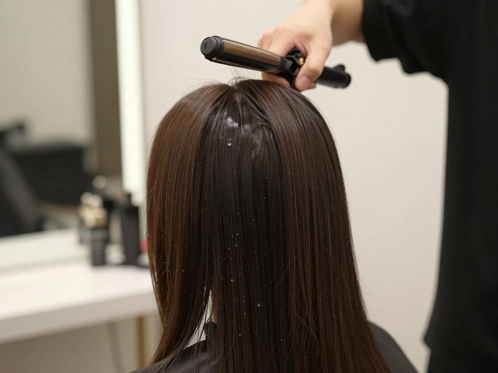 straight lob being styled with flat iron for sleek finish