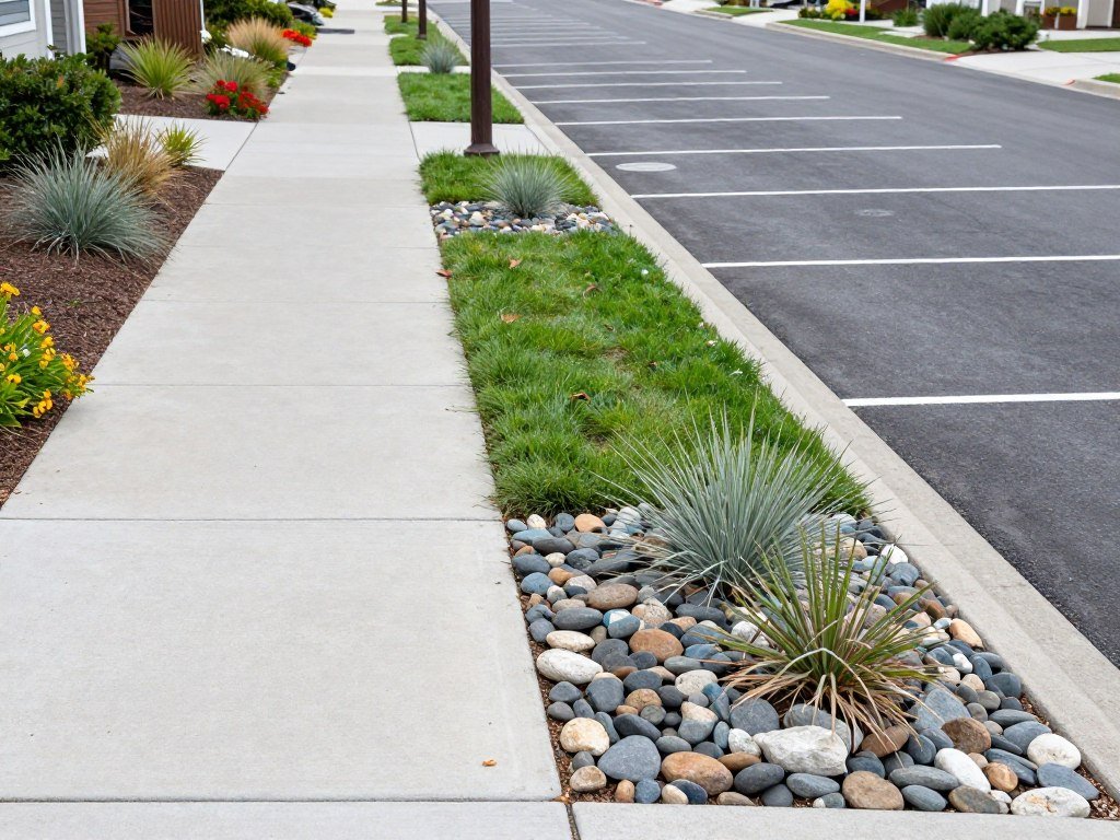 street-side parking strip landscaped with river rocks and drought-resistant plants
