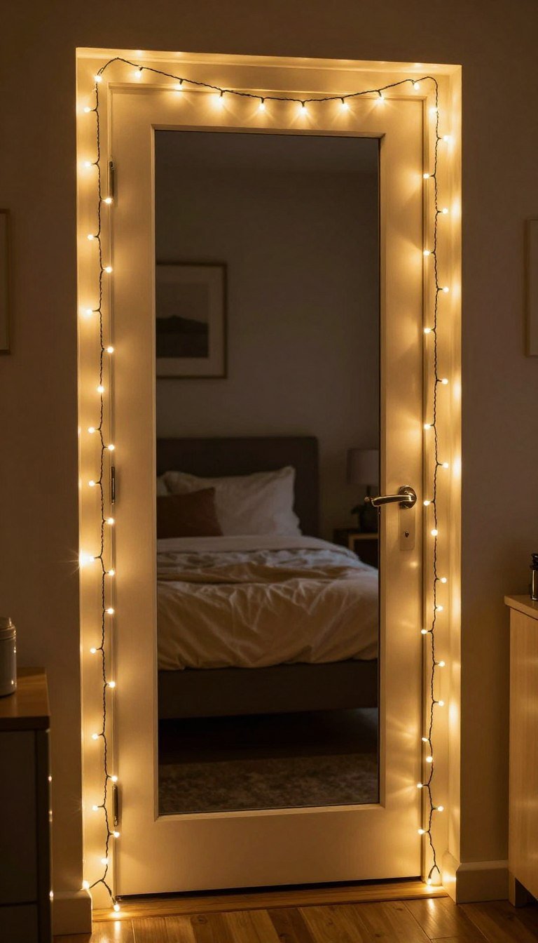 string lights draped around bedroom door frame
