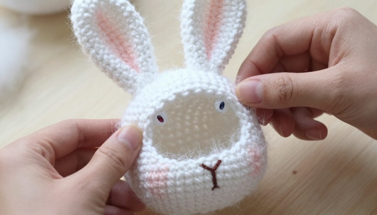 stuffing the crochet bunny head with polyester fiberfill