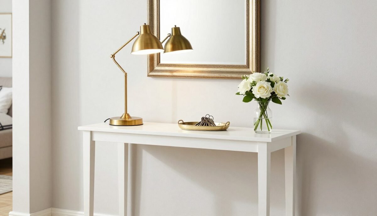 styled narrow console table in hallway with lamp and accessories