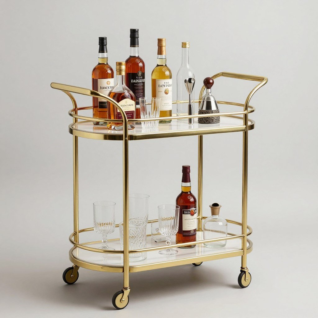 styled rolling bar cart with bottles and accessories