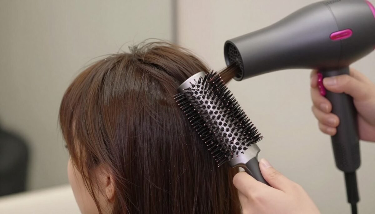 styling bangs in shag haircut with round brush