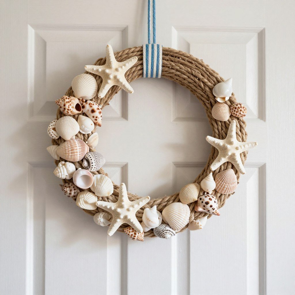 summer beach themed wreath with shells on bedroom door