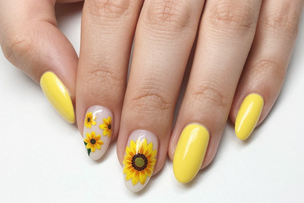 summer nail design with hand-painted sunflower on accent nail