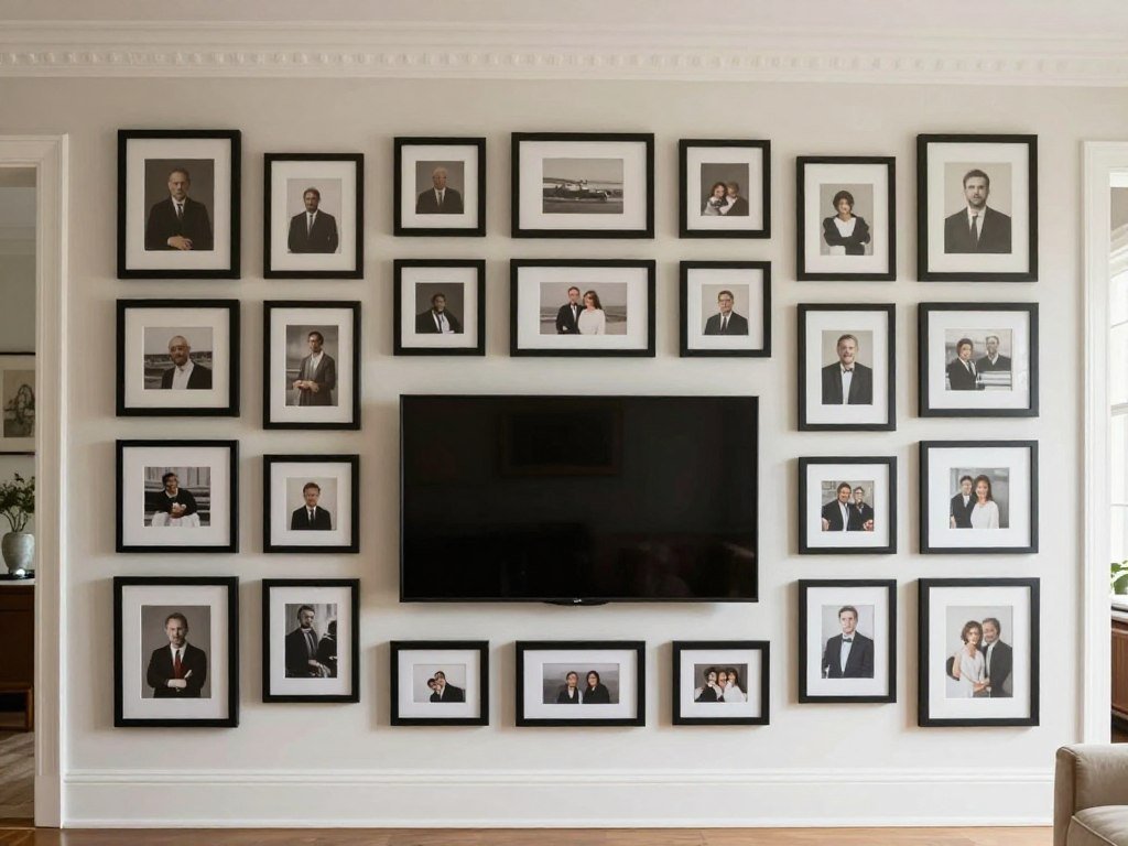 symmetrical TV gallery wall with matching frames arranged in grid pattern around flat screen