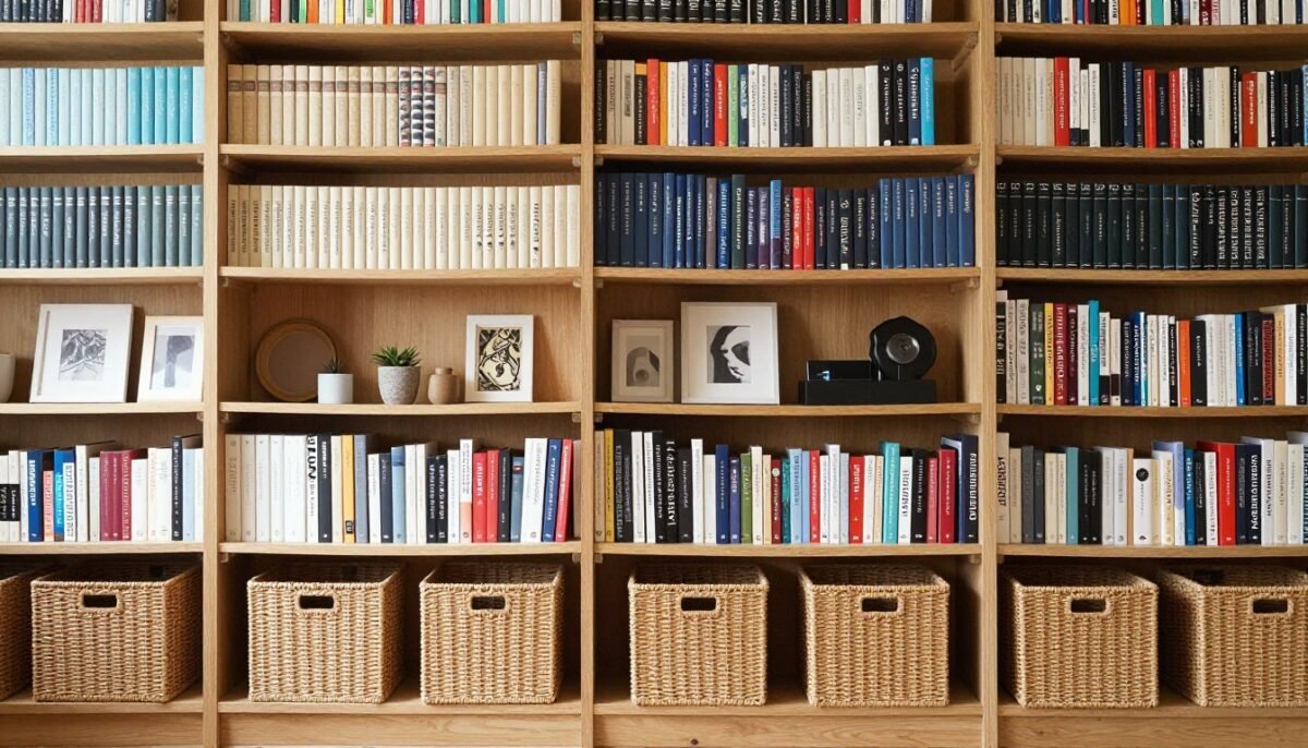 tall bookshelf divided into distinct vertical zones from floor to ceiling