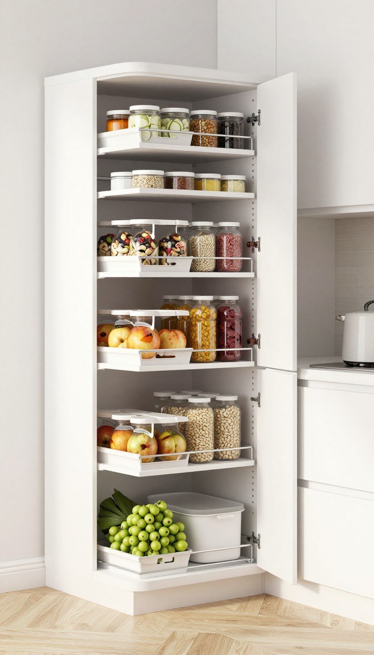 tall corner pantry tower cabinet with multiple storage levels