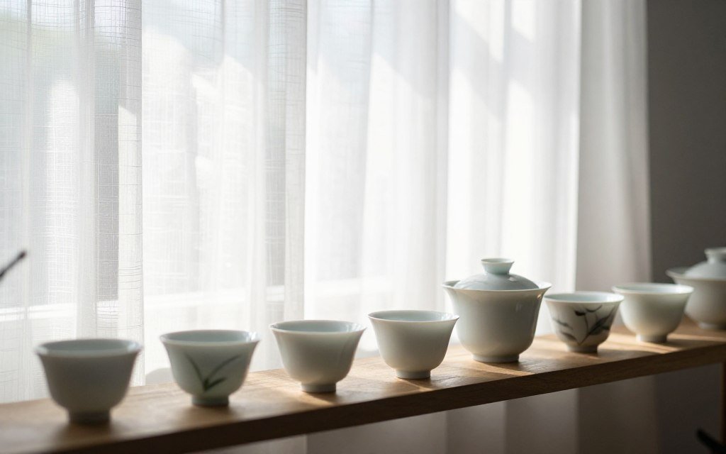 tea cup display near window with filtered natural light