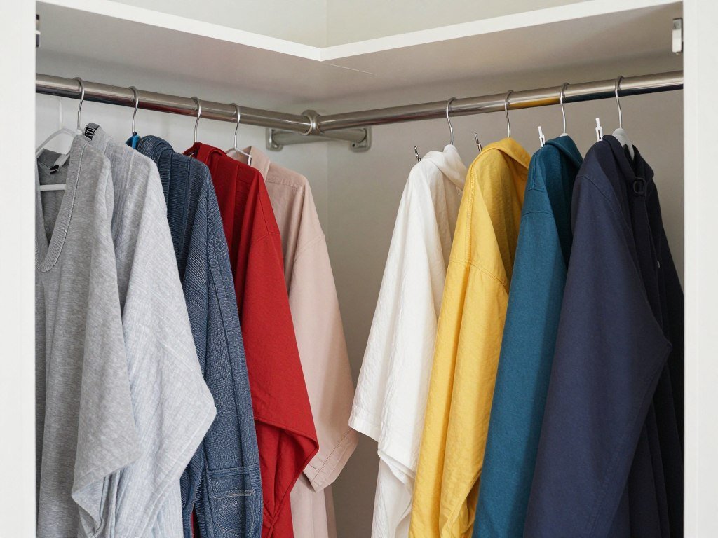 tension rods installed in closet holding fabric draped over them organized by color