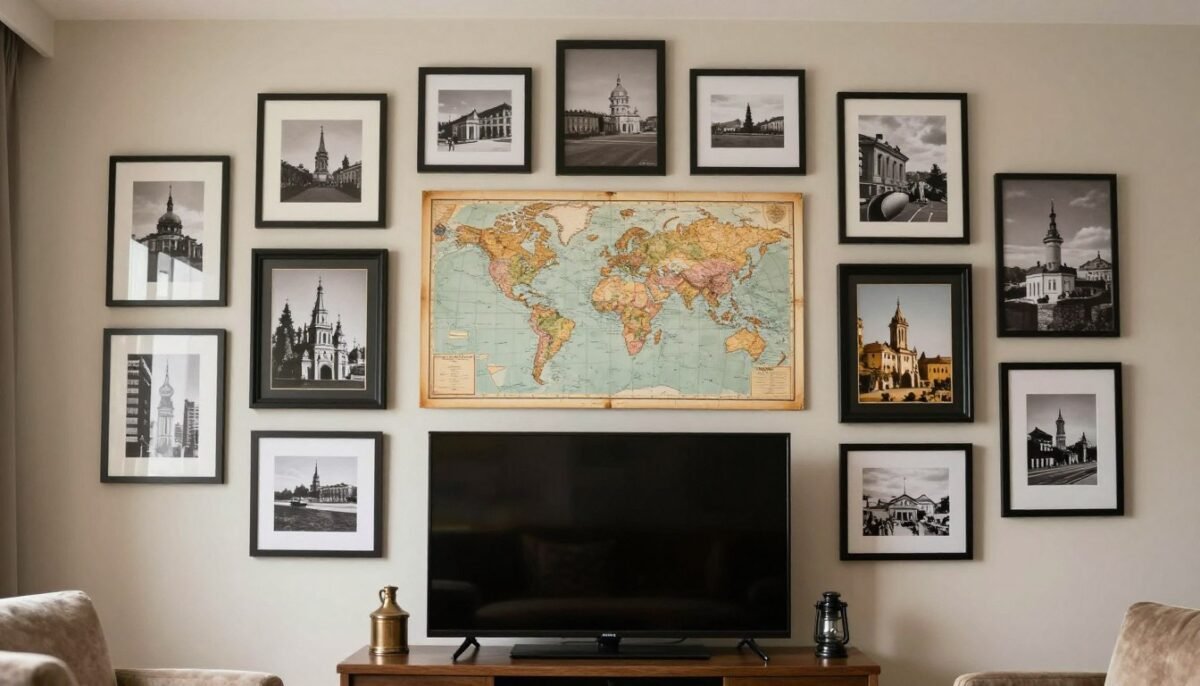 themed TV gallery wall featuring travel photography and maps creating cohesive artistic statement