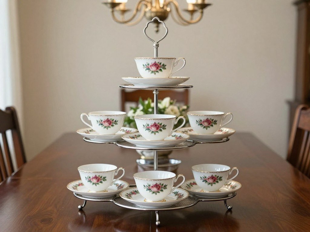 three tier server displaying coordinated tea cup collection