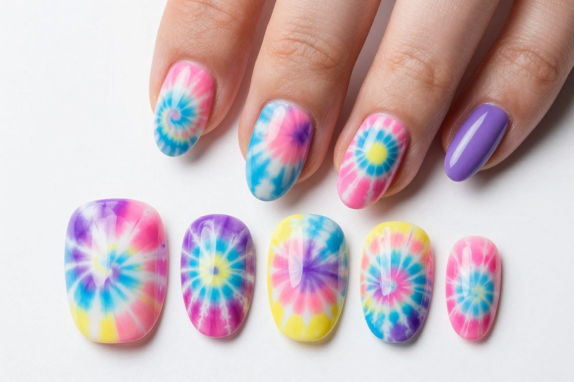 tie-dye swirl pattern nail art in summer colors