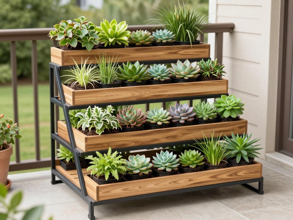 tiered plant stand with multiple small plants on compact front porch