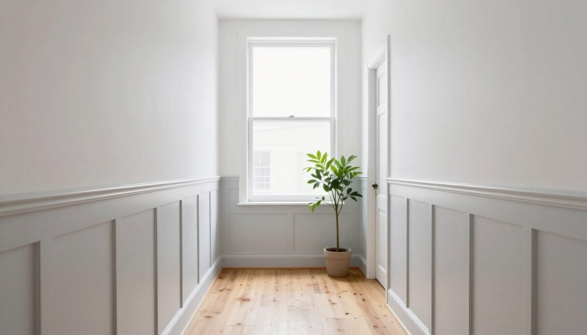 tiny hallway painted in soft white with pale gray accents appearing spacious