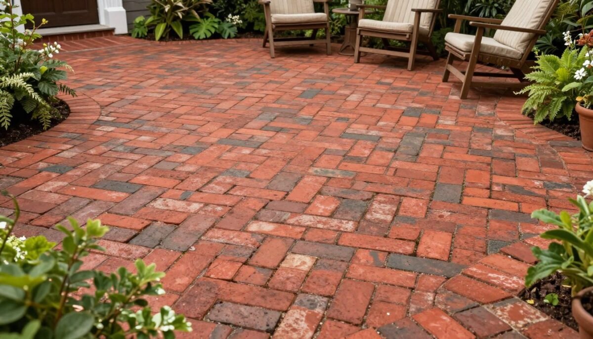 traditional brick paver patio with herringbone pattern and garden borders traditional brick paver patio with herringbone pattern and garden borders