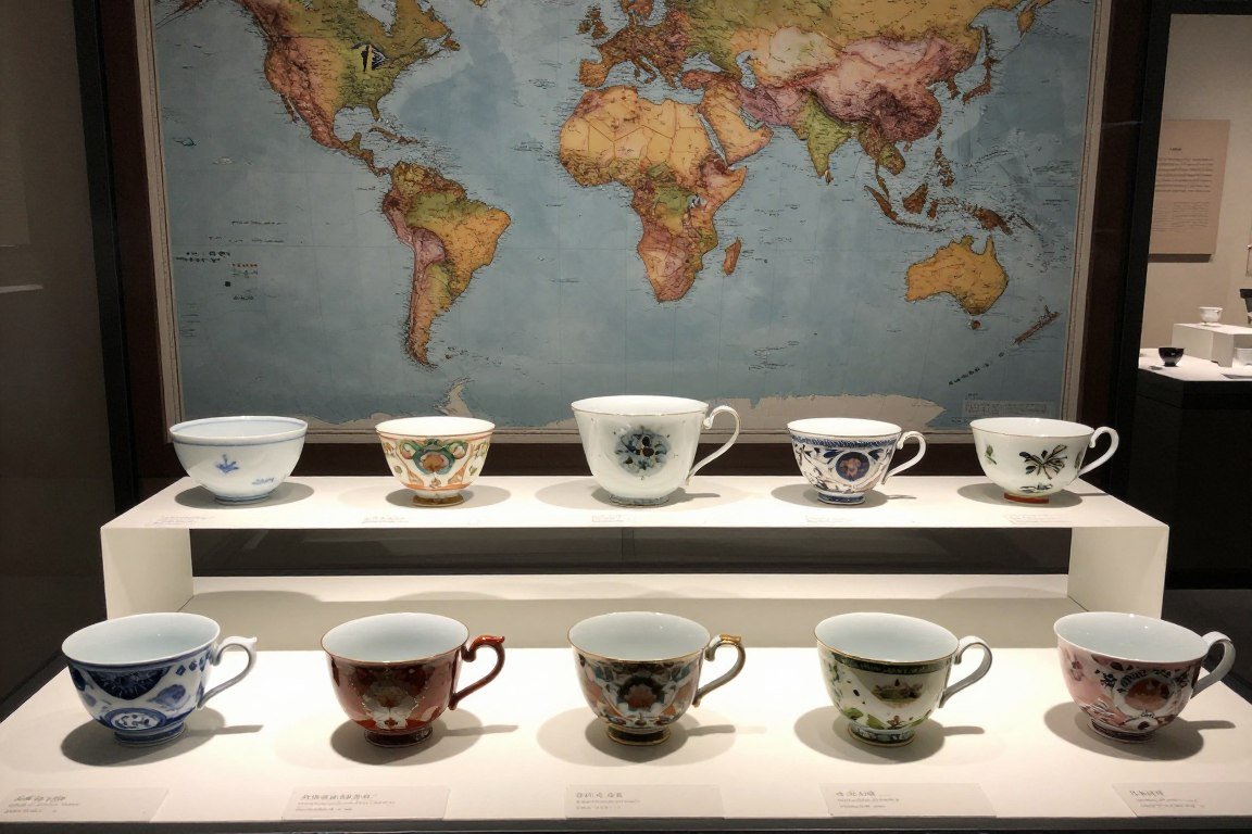 travel themed tea cup display featuring international designs