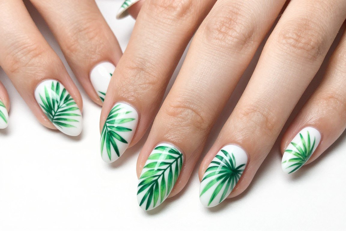 tropical palm leaf nail art design with green foliage on white base