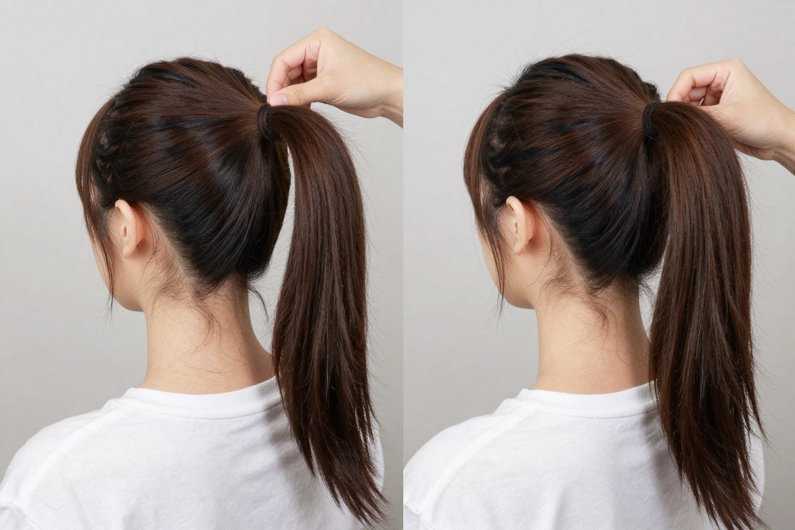 tutorial showing double ponytail technique for thin hair volume