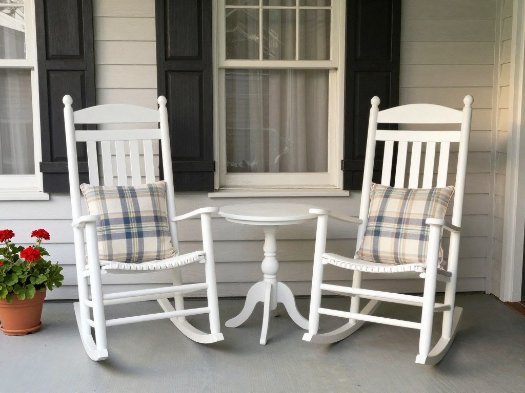 two matching white rocking chairs on farmhouse porch