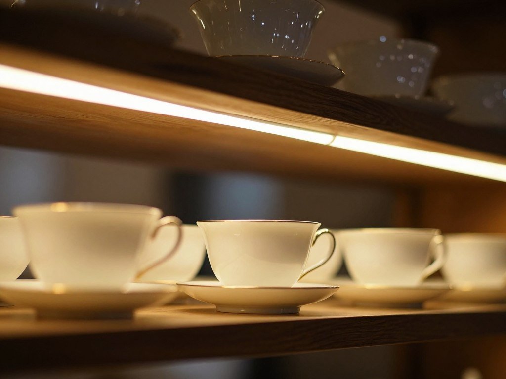 under shelf LED lighting illuminating tea cups from below